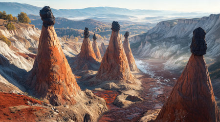Äavolja VaroÅ¡ Devilâs Town in Serbia, featuring unique tall rock spires with dark stone caps, reddish terrain, and rugged surroundings, creating a dramatic and striking natural landscape.の素材