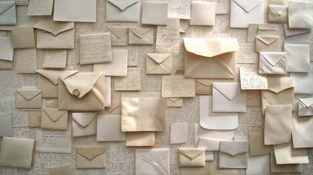A beautifully arranged collection of vintage envelopes and handwritten letters in various sizes and shades, evoking nostalgia and a sense of timeless communication.の素材