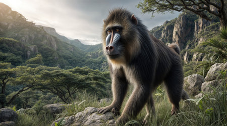 A mandrill Mandrillus standing on a rock in a lush tropical forest with mountains visible in the distance, showcasing its vibrant colors, unique facial features, and natural surroundings under soft light.の素材