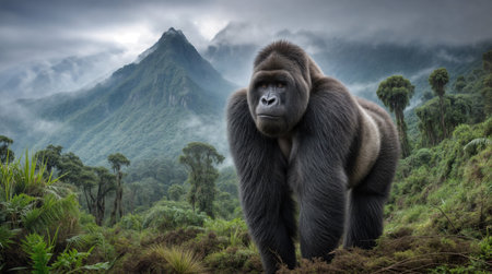 A mountain gorilla Gorilla beringei sitting peacefully in a misty mountain rainforest surrounded by dense greenery and lush vegetation, showcasing its strong build and serene natural habitat.の素材