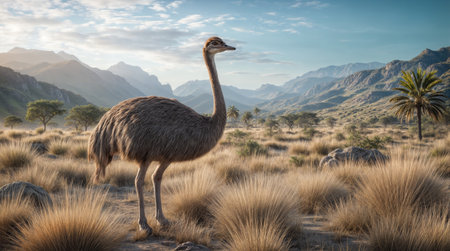 An ostrich standing in a dry grassland habitat with sparse vegetation, distant mountains, and clear sunlight, showcasing its large size and distinctive features.の素材