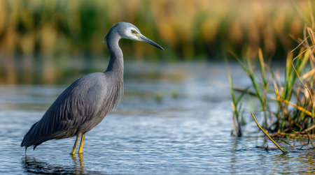 A Slaty Egret Egretta vinaceigula standing in shallow water surrounded by reeds and water plants in a serene wetland, highlighting its elegant posture and unique plumage under soft natural light.の素材
