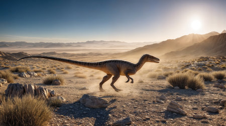 A Leaellynasaura dinosaur with a long tail running through a rocky desert landscape during sunset, surrounded by sparse vegetation and dramatic lighting, showcasing its unique prehistoric habitat.の素材