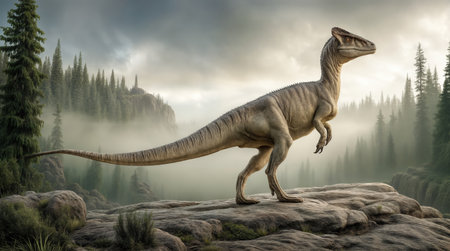Dilophosaurus dinosaur walking on a rocky terrain in a misty prehistoric forest, surrounded by tall trees, ferns, and a foggy ambiance, ideal for educational and artistic use.の素材
