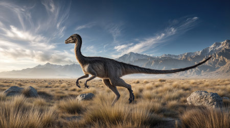 Ornithomimus dinosaur running across a grassy prehistoric plain with scattered rocks, distant mountains, and a clear blue sky, showcasing its agility and feathered body.の素材