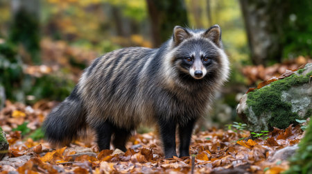 A raccoon dog Nyctereutes procyonoides standing on a forest floor covered with fallen leaves, surrounded by trees and mossy rocks, showcasing its thick fur and natural woodland habitat.の素材