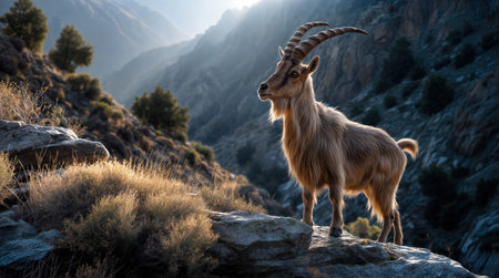 A majestic markhor Capra falconeri standing on a rocky mountain slope surrounded by dry vegetation, showcasing its impressive spiral horns and long fur in a serene natural setting.の素材
