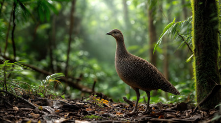 A tinamou bird genus Tinamus standing on the forest floor surrounded by lush green vegetation, with sunlight filtering through the trees, showcasing its subtle plumage and natural habitat.の素材