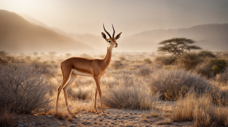 A gerenuk Litocranius walleri standing gracefully in a dry, open landscape with sparse vegetation and warm sunlight, showcasing its slender body, long neck, and curved horns in its natural habitat.の素材