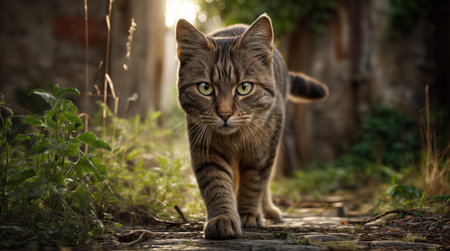 A feral cat Felis catus walking confidently on a stone path surrounded by lush greenery, showcasing its striped fur, sharp eyes, and natural outdoor habitat.の素材