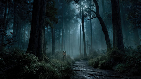 Dense dark forest where wolves with glowing red eyes emerge in an eerie, cinematic scene that inspires mystery and dramatic intensity.の素材