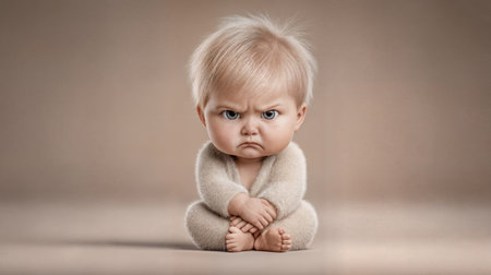 Angry newborn baby with a fierce yet genuine expression that delivers a raw, unfiltered glimpse into early life, offering an unexpected narrative ideal for bold editorial storytelling.の素材