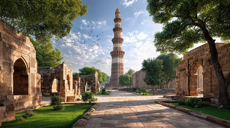 Qutub minar in Delhi, India, a towering red sandstone minaret adorned with intricate carvings and historic inscriptions under a clear sky, making it an ideal choice for cultural, travel, and educational projects.の素材