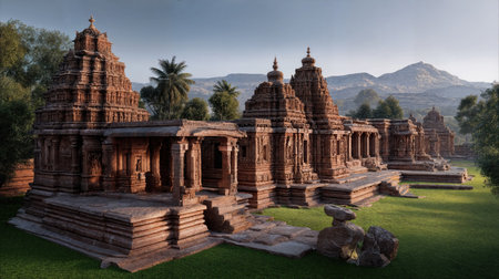 Pattadakal temple complex in Karnataka, India, presents a harmonious blend of intricate hindu architecture with exquisite carvings and sculptures, showcasing ancient cultural heritage and historical legacy, ideal for travel, tourism, and art projects.の素材