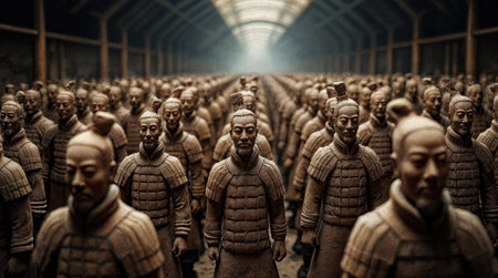 Terracotta army in Xi'an, China, where lifelike clay warriors and intricate craftsmanship reveal an unparalleled saga of ancient imperial might.の素材