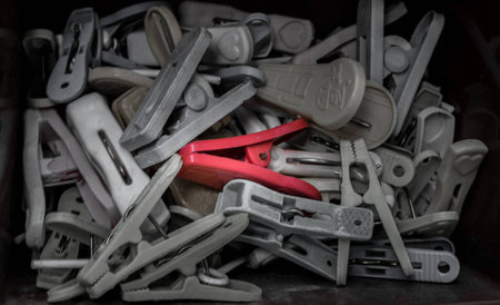 Close up shot of red laundry pinsの写真素材