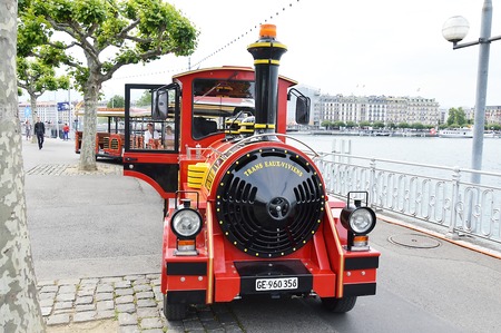 city tour by mini train on street of Geneva Switzerlandのeditorial素材
