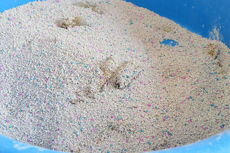 cat litter already used in plastic basinの写真素材