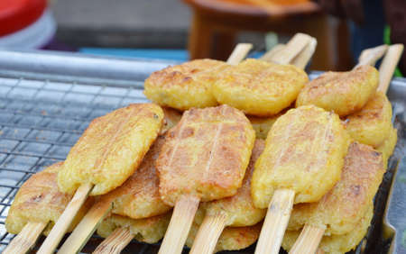 grilled sticky rick with egg in the morning marketの写真素材