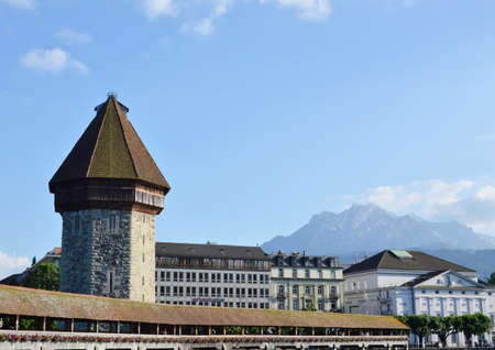 Luzern Switzerland May 31, 2014 Chaple bridge ancient jail and landmark in Luzern Switzerlnd