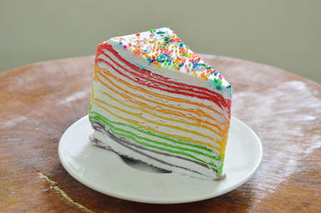 crape cake topping candy on dishの写真素材