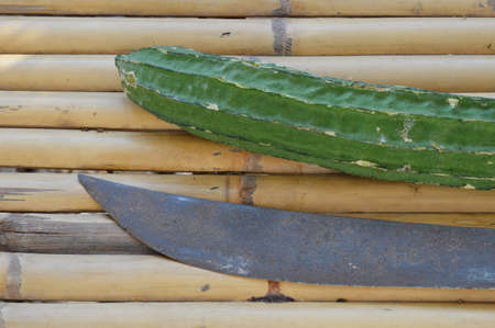 gourd and old Thai sword on bamboo tableの写真素材