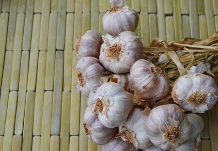 garlic branch on bamboo plateの写真素材