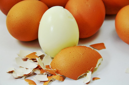 boiled egg peel shell out on white background