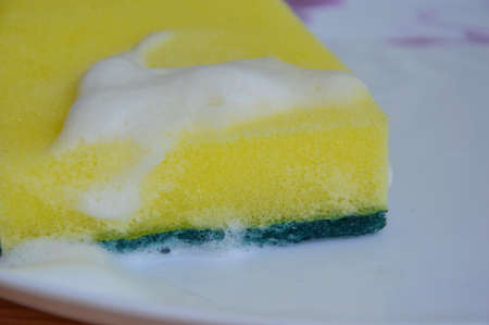 yelllow and green scrub sponge wash on white plateの写真素材