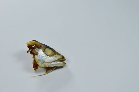 mackerel head left over eat on white backgroundの写真素材