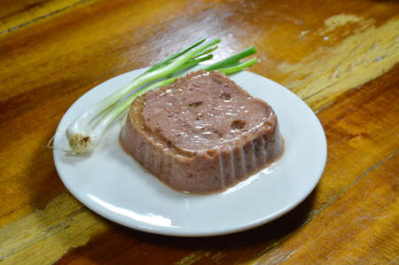dog premium wet food and spring onion on dish