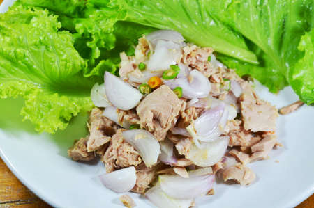 spicy tuna salad with lettuce on white plateの写真素材