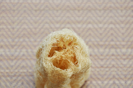 luffa body scrub on bamboo matの写真素材