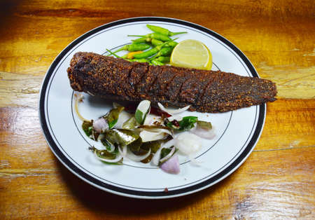 deep fried catfish with herb and lemon on plateの写真素材