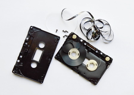 audio cassette tape separate parts on white backgroundの写真素材