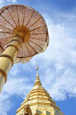 golden pagoda contain Buddha ash on Wat Phrathat Doi Suthep ancient temple in Thailandの写真素材