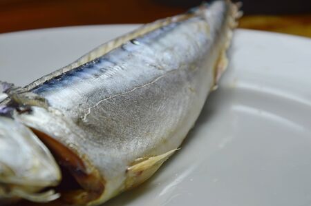 steamed Saba fish skin on plateの写真素材