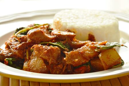 spicy stir fried roasted pork curry with herb eat couple with rice on dishの写真素材