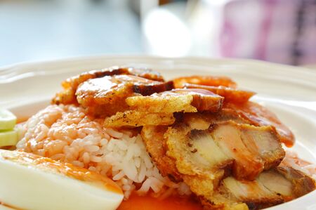 crispy pork and egg dressing sweet red sauce on riceの写真素材