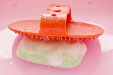 red rubber dog bath brush and pet soap with bubble on pink plastic basinの写真素材