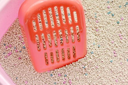 red plastic shovel on cat litter in pink basinの写真素材
