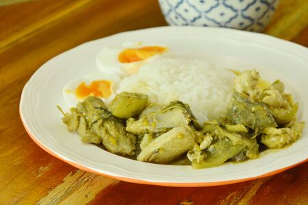 spicy chicken green curry with boiled egg on riceの写真素材