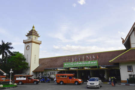 Chiangmai Thailand December 5, 2016 : front building of Chiangmai railway station with red truck service tourist unique of provinceのeditorial素材