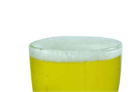 cold beer with frothy in glass on white background