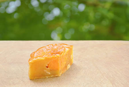 moon cake Chinese tradition dessert stuffed mashed durian slice for piece on chop block