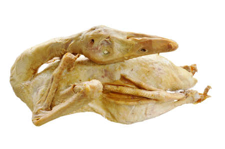 boiled duck in brown soup on white backgroundの写真素材