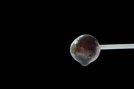lollipop candy with white plastic stick burning to melt on black backgroundの写真素材