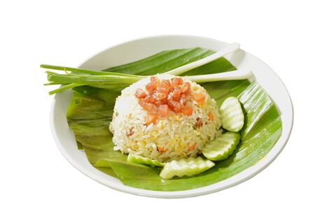 fried rice with chop Chinese sausage on banana leafの写真素材