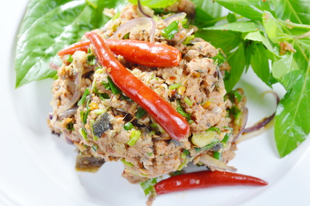 spicy minced catfish with herb topping red chili Thai salad on plateの写真素材