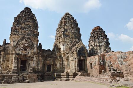 Phra Prang Samyod or three crests with monkey ancient temple and landmark in Thailandの写真素材